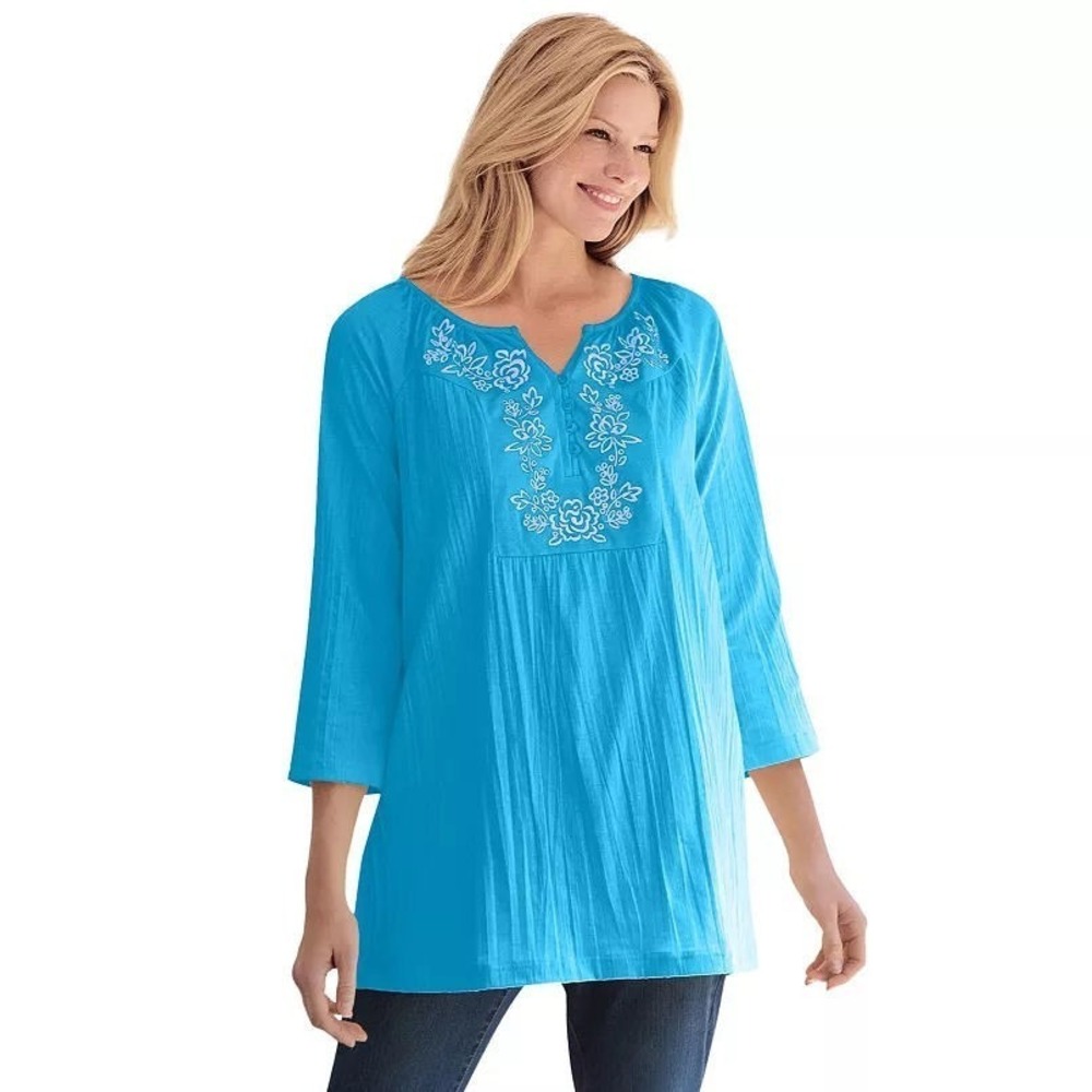 Woman Within Women's 3/4 Sleeve Embroidered Crinkle Tunic - Paradise Blue 18/20W